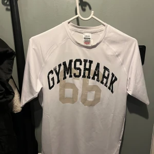 Vit Gymshark t-shirt med tryck - Vit compression t-shirt från Gymshark i storlek L med stort svart och beige tryck 'GYMSHARK 66' på framsidan. perfekt för träning. Klassisk rund hals och korta ärmar, stilren logga på ryggen. Storlek L men M/S kan den också sitta beroende på passform man föredrar. Enbart testad!