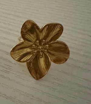 Guldig blomformad ring ( rostfria ) - Superfin ring i guldton med en stor blomformad design. Ringen har fem detaljerade blomblad och en snygg glansig finish som verkligen sticker ut. Perfekt accessoar för dig som vill ha något unikt och trendigt.