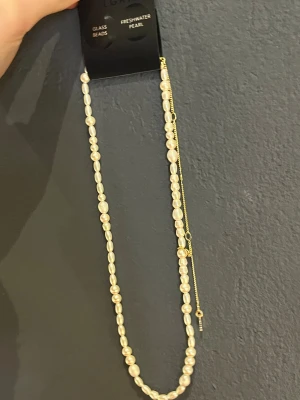 Pilgrim halsband med sötvattenpärlor - Supersnyggt halsband från Pilgrim med oregelbundna vita sötvattenpärlor och glaspärlor. Kedjan är guldfärgad och har en liten tag med Pilgrim-loggan. Perfekt för dig som vill ha en elegant och trendig accessoar med pärldetaljer. Detta är även helt oanvänt.