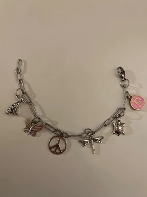 Silverfärgat berlockarmband med charms - Charmigt armband i silverfärg med 5 olika berlocker. Perfekt för dig som gillar personliga detaljer. Kedjan är i rostfritt stål.                                                                        Tveka inte fråga om du har flera frågor 🌸💕