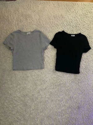 2-pack croppade t-shirts H&M Divided - Säljer två croppade basic t-shirts från H&M Divided i storlek XS. Ena är ljusgrå och den andra svart, båda med rund hals och korta ärmar. Perfekta till jeans eller kjol och gjorda i mjuk bomull för skön känsla.