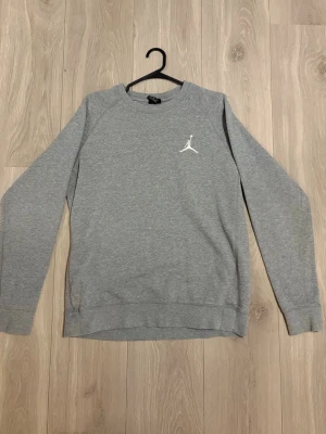 Grå sweatshirt från Jordan - Snygg grå sweatshirt från Jordan med det klassiska Jumpman-loggan broderad i vitt på bröstet. Tröjan har rund halsringning, långa ärmar och ribbade muddar. Perfekt för en sportig och avslappnad stil.