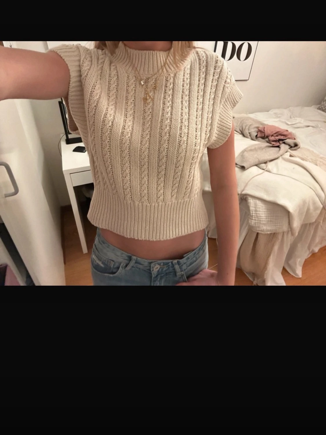 Beige kabelstickad ärmlös topp - 2