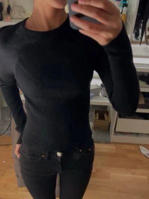 Svart ribbad långärmad topp med öppen rygg - Säljer en svart ribbad långärmad topp med snygg öppen rygg och knytband i nacken. Toppen är tight och har en stilren look som passar perfekt till jeans eller kjol. Materialet är stretchigt och bekvämt.