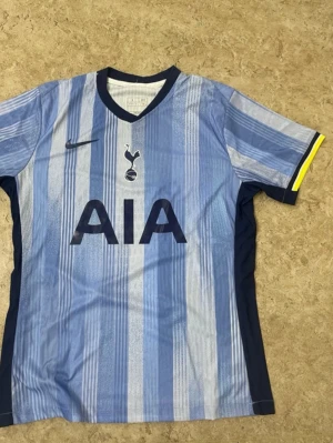 Ingen sko på bilden - Bilden visar en randig fotbollströja från Tottenham Hotspur i ljusblå och mörkblå toner med AIA-logga på bröstet, men inga skor syns på bilden.