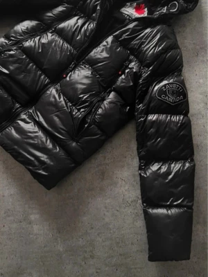 Svart pufferjacka från Zavetti Canada - Säljer en svart pufferjacka från Zavetti Canada med glansig finish och broderad logga på ärmen. Jackan har huva, dragkedja framtill och stora fickor. Insidan har fleecepaneler för extra värme. Perfekt för kalla dagar och riktigt snygg streetstil.