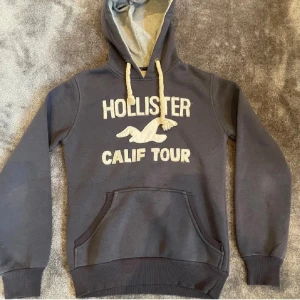 Mörkgrå Hollister hoodie med broderi - Snygg mörkgrå hoodie från Hollister med stor broderad logga och text på bröstet. Priset är inte hugget i sten 🪨 skriv om ni undrar vad som hälst 