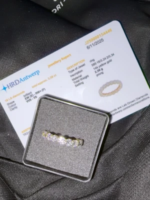 Diamantring i 14K guld från HRD Antwerp - Snygg ring i 14K gult guld med 18 st VS/VVS diamanter runt hela bandet. Ringen har en klassisk rund form och prong-infattning som framhäver de gnistrande stenarna. Perfekt för dig som gillar exklusiva och tidlösa smycken med extra bling. Värd mellan 3000-3400€ enligt experter på auktion. Perfekta julklappen!!