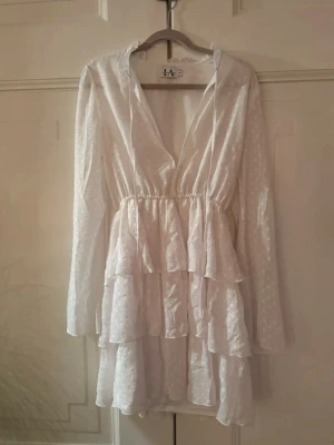 Vit volangklänning med prickar - Supersöt vit kortklänning från NA-KD x Linn Ahlborg med volanger och diskret prickigt mönster. Klänningen har v-ringning, långa ärmar och omlottkänsla upptill. Perfekt för sommarens alla tillfällen och ger en romantisk vibe.