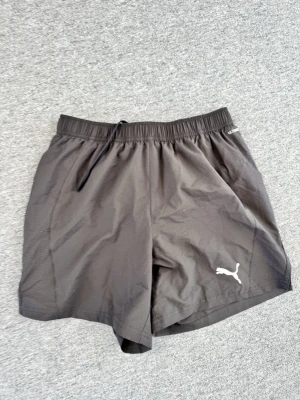 Svarta träningsshorts från Puma - Säljer ett par svarta träningsshorts från Puma med elastisk midja och dragsko. Shortsen har en liten ficka bak och Puma-logga framtill. Tillverkade i lätt och snabbtorkande material, perfekta för träning eller löpning.