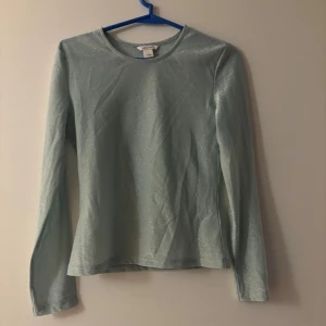 Glittrig ljusblå långärmad topp Monki - Säljer en ljusblå långärmad topp från Monki med glittrigt tyg. Toppen har rund halsringning och är figurnära i modellen. Perfekt för dig som vill sticka ut lite extra med en snygg och glittrig look.