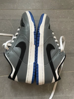 Nike dunk low egendesignade - Säljer ett par Nike Dunk Low By You, egendesignade via Nike. Unik färgkombination som inte finns i butik, perfekt om du vill ha något som sticker ut.  Skorna är i mycket fint skick, sparsamt använda och väl omhändertagna. Rent läder, fina sulor och inget kraftigt slitage.  Detaljer: 	•	Storlek: EU 40 	•	Modell: Nike Dunk Low 	•	Version: Nike By You / custom 	•	Skick: Mycket fint 	•	Färg: Grå/svart med blå sula  Nypris låg runt 1500 kr.