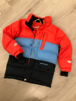Färgglad dunjacka från Everest, strl 104 - Säljer en dunjacka från Everest i storlek 104. Jackan har blockfärger i rött, ljusblått och svart, med reflexdetaljer på ärmar och rygg. Utrustad med dragkedja, tryckknappar och flera fickor. Finns några ljusa fläckar se bild 4 i övrigt fint skick 