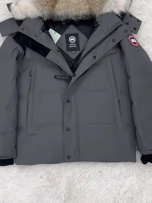 Grå dunjacka från Canada Goose - Säljer en grå dunjacka från Canada Goose med avtagbar huva och stor pälskant. Jackan har flera fickor, dragkedja och knappar framtill samt den klassiska loggan på ärmen. Perfekt för kalla vinterdagar och riktigt snygg till streetwear-stilen.