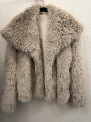 Beige fluffig pälsjacka - Säljer en supermysig och fluffig pälsjacka i beige färg. Jackan har bred krage och långärmade ärmar, perfekt för dig som vill ha en statement piece med lyxig känsla. Materialet är pälsimitation och jackan har en loose passform.