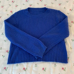 Blå ribbstickad tröja - Mysig blå ribbstickad tröja med rund hals och långa ärmar. Perfekt för kyliga dagar och enkel att matcha med jeans eller kjol. Den har en klassisk passform och är superbekväm att bära.