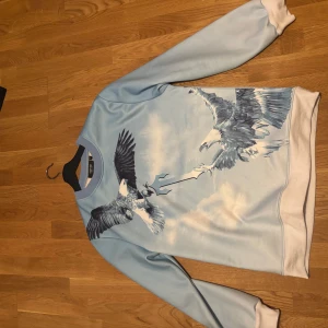 Trapstar Ljusblå sweatshirt - Säljer en ljusblå sweatshirt från trapstar med stort tryck av två örnar på framsidan. Tröjan har rund hals, långa ärmar och ribbade muddar. Materialet känns mjukt och skönt, perfekt för chill dagar. Snygg och unik design för dig som vill sticka ut.