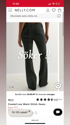 Söker efter dessa byxor  - Söker efter dessa byxor ” coated low waist stitch jeans från Nelly i storlek 36 !!” Kontakta om ni säljer dessa <3 🩷