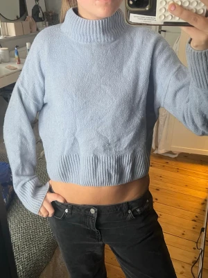 Ljusblå croppad polotröja & Other Stories - Säljer en ljusblå croppad polotröja från & Other Stories. Tröjan har ribbade muddar och hög polokrage, samt är långärmad och i mjukt stickat material. Perfekt till jeans eller kjol för en chill look.