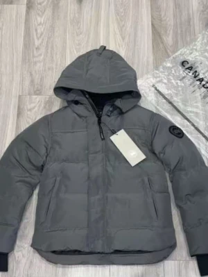 Grå dunjacka från Canada Goose - Säljer en grå dunjacka från Canada Goose med huva och svarta muddar. Jackan har en snygg patch på ärmen och praktiska fickor framtill. Dragkedja i mitten och stilren design som passar perfekt när det är kallt ute.