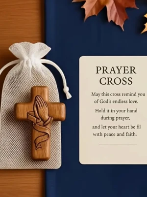 Fickkors i trästil med bönehänder - Ett fickkors i trästil med ingraverade bönehänder. Korset har en mjuk, rundad form och levereras med en vit nätpåse. Perfekt att hålla i handen vid bön eller meditation. Korset har en naturlig träfärg och är stilrent designat.