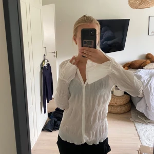 Vit plisserad skjorta från Shein - Säljer en vit långärmad skjorta från Shein med plisserad struktur och bred krage. Skjortan har knappar framtill och lätt utsvängda ärmslut för en cool touch. 