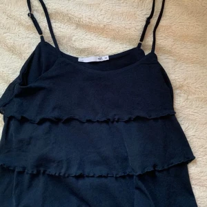 Svart volangklänning från 157 - Svart kortklänning från 157 med tunna axelband och dubbla volanger framtill. Klänningen har en enkel, stilren design och är tillverkad i mjukt tyg som känns skönt mot huden. Perfekt för dig som gillar minimalistisk stil med en twist.