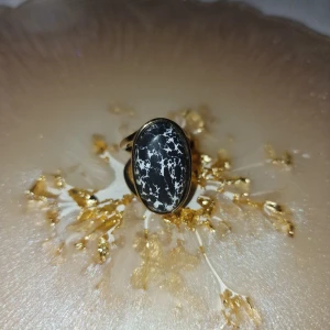 Svartvit oval ring   - Cool ring med stor oval sten i svart och vitt mönster, infattad i en guldfärgad ram. 