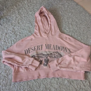 Rosa croppad hoodie Desert Meadows - Säljer en ljusrosa croppad hoodie med trycket 'Desert Meadows State Park' och motiv av berg och kaktusar. Tröjan har huva, ribbade muddar och är långärmad. Perfekt för dig som gillar chill och avslappnad stil.