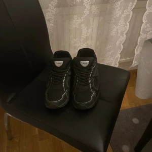 Svarta Dior sneakers med silvriga detaljer - Säljer ett par svarta Dior sneakers med silvriga detaljer och tydlig Dior-logga på plösen. Skorna har snörning, rund tå och platt sula. Materialmix av textil och syntet ger en sportig och clean look. Perfekta för dig som gillar exklusiva och trendiga sneakers.