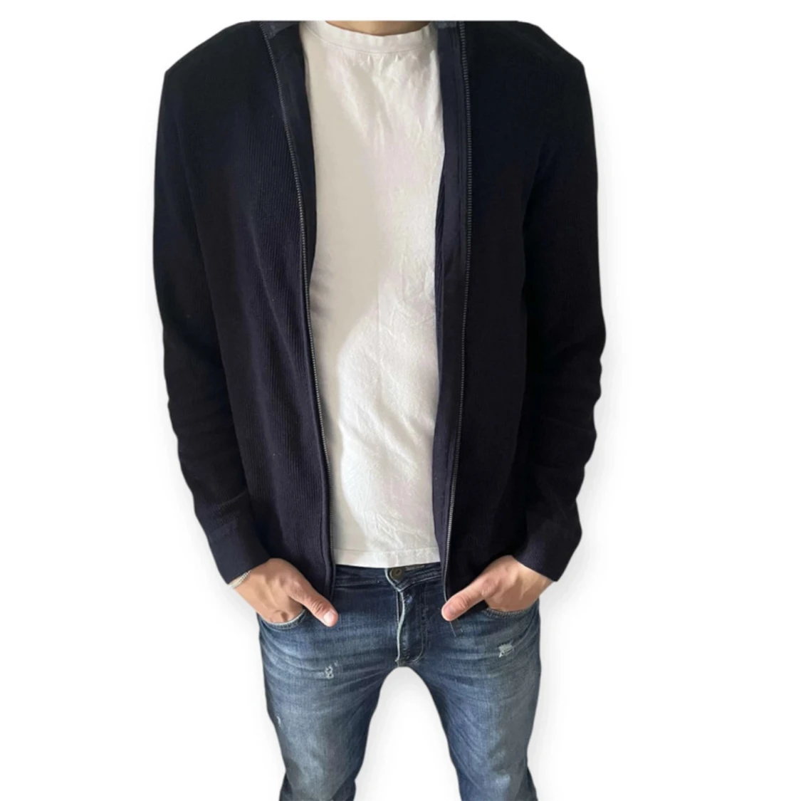 Mörkblå stickad kofta med dragkedja - 1