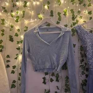 Ljusblå ribbad croppad polotopp - Säljer en ljusblå croppad polotopp med v-ringning och krage. Toppen är ribbad och har långa ärmar, perfekt för dig som gillar en trendig och avslappnad stil.