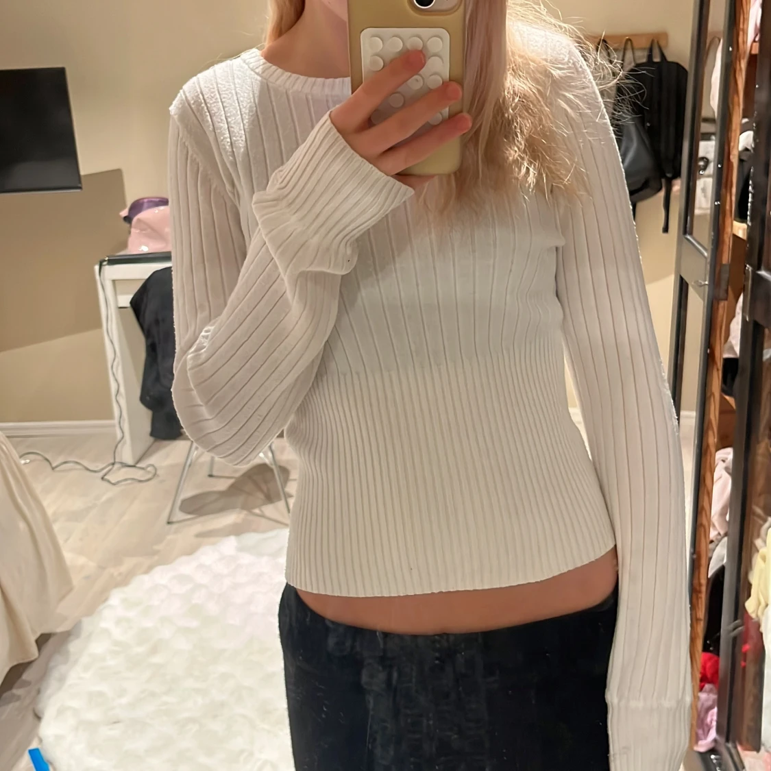 Vit ribbad långärmad tröja - 2