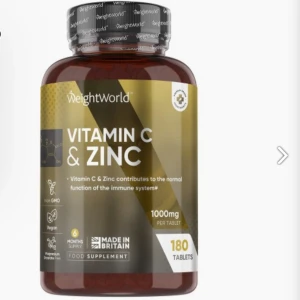 Vitamin C & Zinc 1000mg 180 Tablets - Funktioner & Fördelar Zinktabletter med 1000 mg C-vitamin (askorbinsyra) Zink och C-vitamin bidrar till att stärka immunförsvaret Med antioxidanter för att skydda cellerna från oxidativ stress Fördelar: Ta 1 tablett dagligen - tillräckligt för 6 månader konsumtion