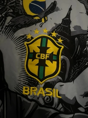 Nike Brasil Rodrygo 11 fotbollströja - Unik Brasilien fotbollströja från Nike med Rodrygo och nummer 11 på ryggen. Tröjan har ett detaljerat svart och grått mönster med gula och gröna inslag, samt Brasilien-emblem och Nike-logga på bröstet. Materialet är syntet och designen är riktigt cool med grafiska detaljer och tryck.