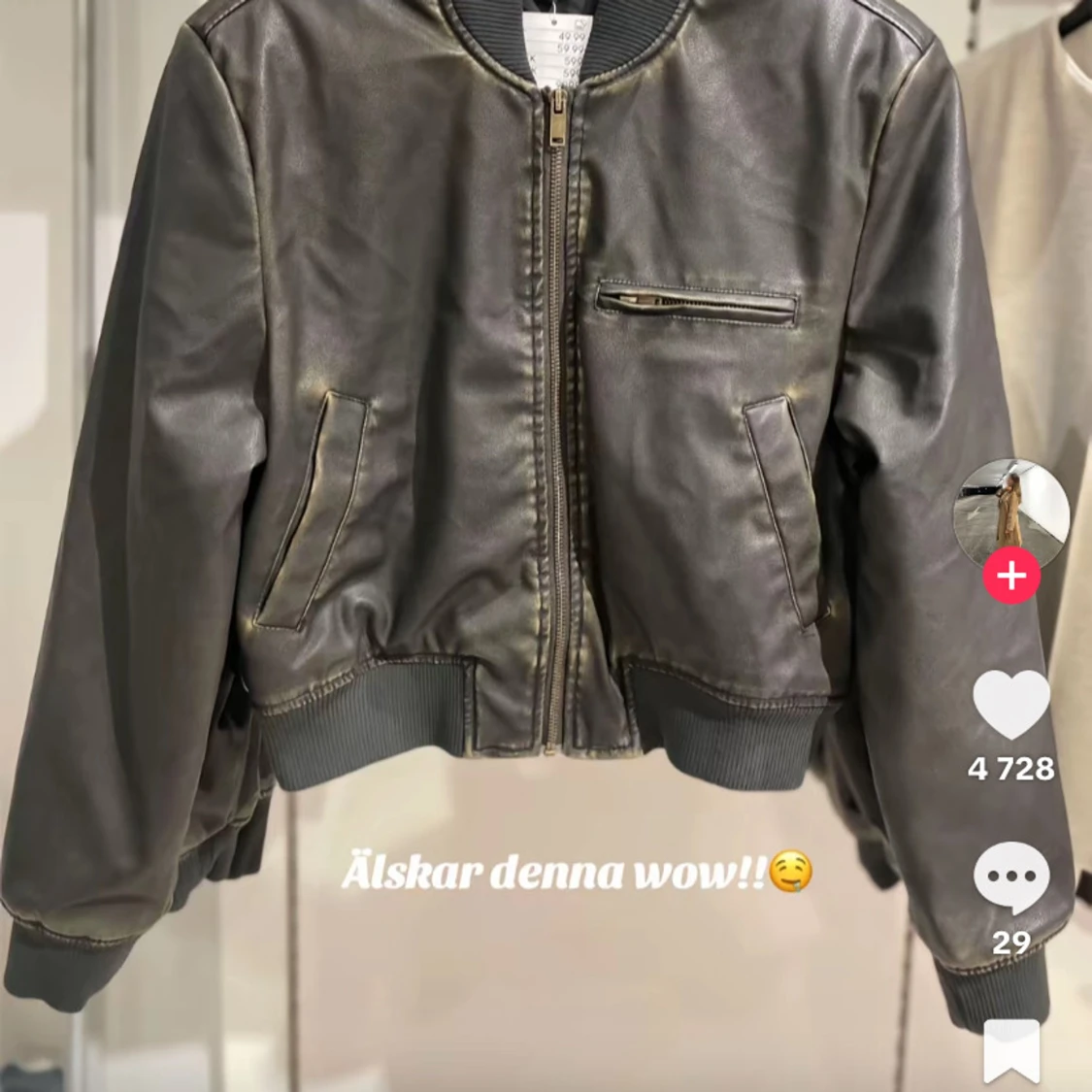 Brun skinn bomberjacka med dragkedja