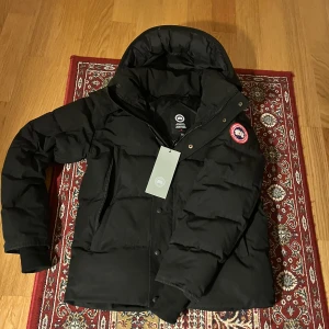  Canada Goose jacka - Säljer en svart dunjacka från Canada Goose med huva och dragkedja. Jackan har långa ärmar och en klassisk logga på ärmen. Perfekt för kalla dagar. Är öppen för prisförslag