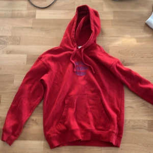 Röd hoodie från H&M med brodyr - Röd hoodie från H&M i relaxed fit med blå broderad text 'step into a brighter future' på bröstet. Tröjan har huva med snörning, magficka och långa ärmar. Perfekt för dig som gillar en chill och färgstark stil.