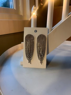 ✨Festliga örhängen✨ - Bilderna visar ett par glittriga örhängen från H&M. Örhängena är silverfärgade med hängande strassdetaljer och har en festlig look.