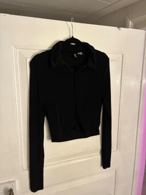 Svart långärmad topp från H&M - Säljer en svart långärmad topp från H&M i stretchie polyester med krage och klädda farfarsknappar framtill. Mod/subt croppad passform och soprent uttryck, perfekt till feeling när du vill ha något enkelt pacat men semi-dressat.
