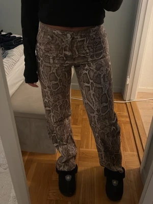 Ormmönstrade byxor från H&M Divided - Säljer ett par riktigt snygga byxor från H&M Divided i ormmönstrat tyg. De är midwaist och raka ben. Bara använda 1 gång.