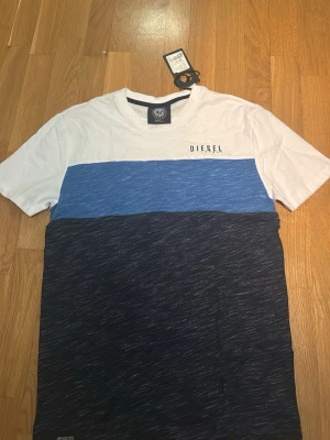 Randig t-shirt från Diesel i blått och vitt - Snygg t-shirt från Diesel med breda blockränder i vitt, blått och mörkblått. Klassisk rund halsringning och diskret Diesel-logga på bröstet. Tillverkad i mjuk bomull som känns skön mot huden. Perfekt för dig som gillar stilrena och moderna plagg.