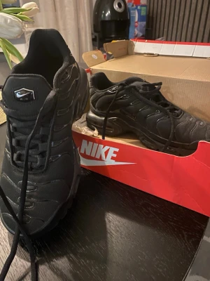 Svarta Nike Air Max Plus Tn sneakers - Säljer ett par helsvarta Nike Air Max Plus Tn sneakers med ikoniska Tn-detaljer på hälen och synlig Air-enhet i sulan. Skorna har mesh och syntetpaneler, snörning och en chunky sula som ger grym streetstil. Perfekta för dig som gillar klassiska och sportiga vibes. Som nya. 
