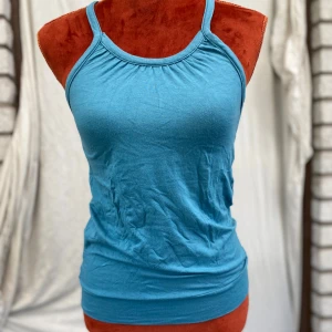 Turkos linnetopp med smala axelband S - Ärmlös topp med smala axelband och rund halsringning. Toppen har en enkel och stilren design. 95% viskos, 5% elestan ﻿Längd: 64 cm ﻿Bystvidd: 37 cm ﻿Se bild 3!  Inga bilder när den sitter på mig! Katter finns i hemmet! 01