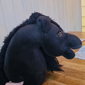 Käpphäst - Det här är ett gosedjur i form av ett hästhuvud. Perfekt för dig som gillar hästar och vill ha något mjukt att krama eller använda till hobbyprojekt. Produkten är svart med glansiga ögon och har en öppning på undersidan. Värd 500kr🎀