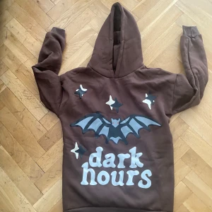 Brun Broken Planet  - Säljer en brun hoodie från Broken Planet med coolt tryck av fladdermus och texten 'dark hours' på framsidan. Baksidan har texten 'Broken Planet friends & family' och grafiska detaljer. Hoodien har huva och långa ärmar, perfekt för dig som gillar streetwear.