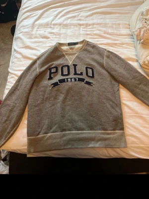 Grå sweatshirt från Polo Ralph Lauren - Säljer en grå sweatshirt från Polo Ralph Lauren med stor POLO 1967-logga framtill. Tröjan har rund halsringning, ribbade muddar och kontrastsömmar. Perfekt för dig som gillar klassisk och sportig stil.