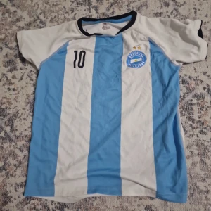 Argentina fotbollströja H&M Sport - Säljer en klassisk Argentina fotbollströja från H&M Sport i storlek M. Tröjan har blå och vita vertikala ränder, svart nummer 10 på bröstet och ryggen samt Argentina-emblem med två stjärnor. Rund hals med svart och blå kant. Materialet är lätt och andas.