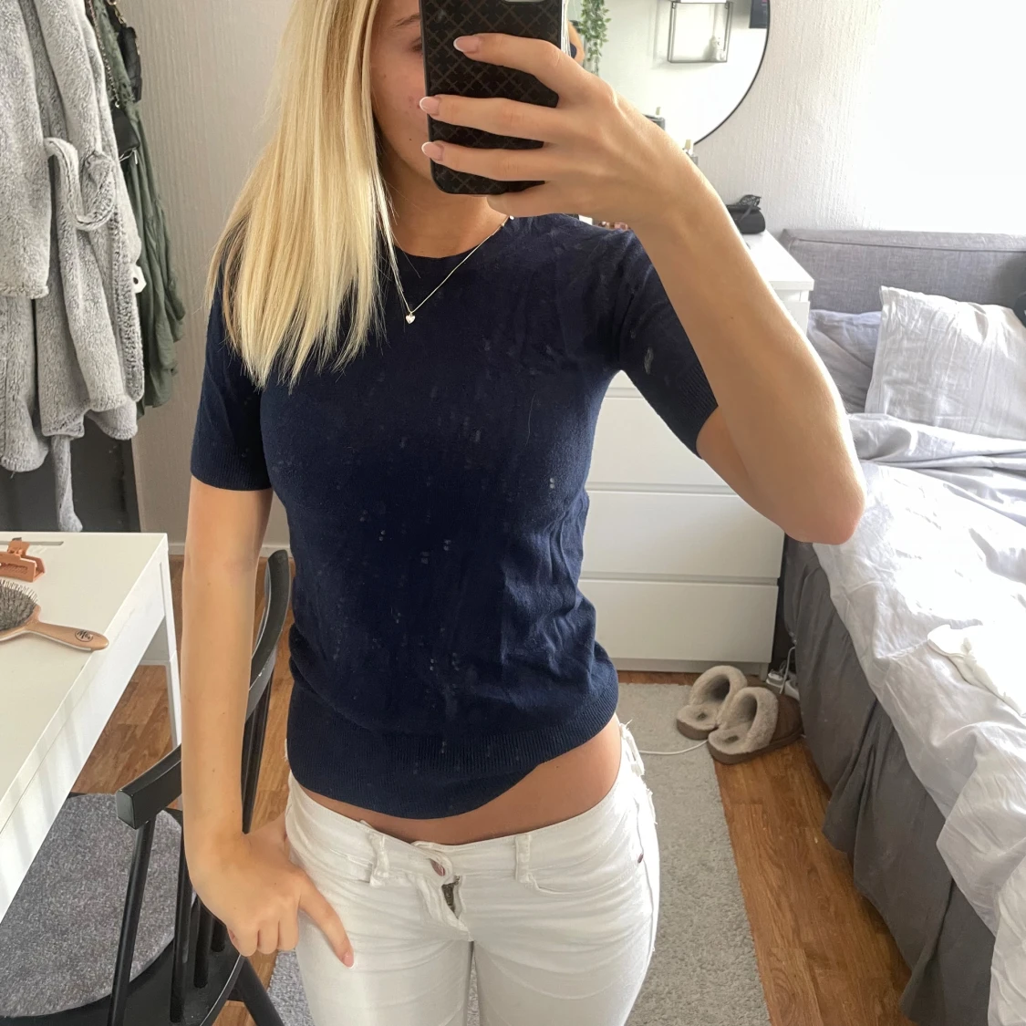 Mörkblå ribbad topp med kort ärm - 2