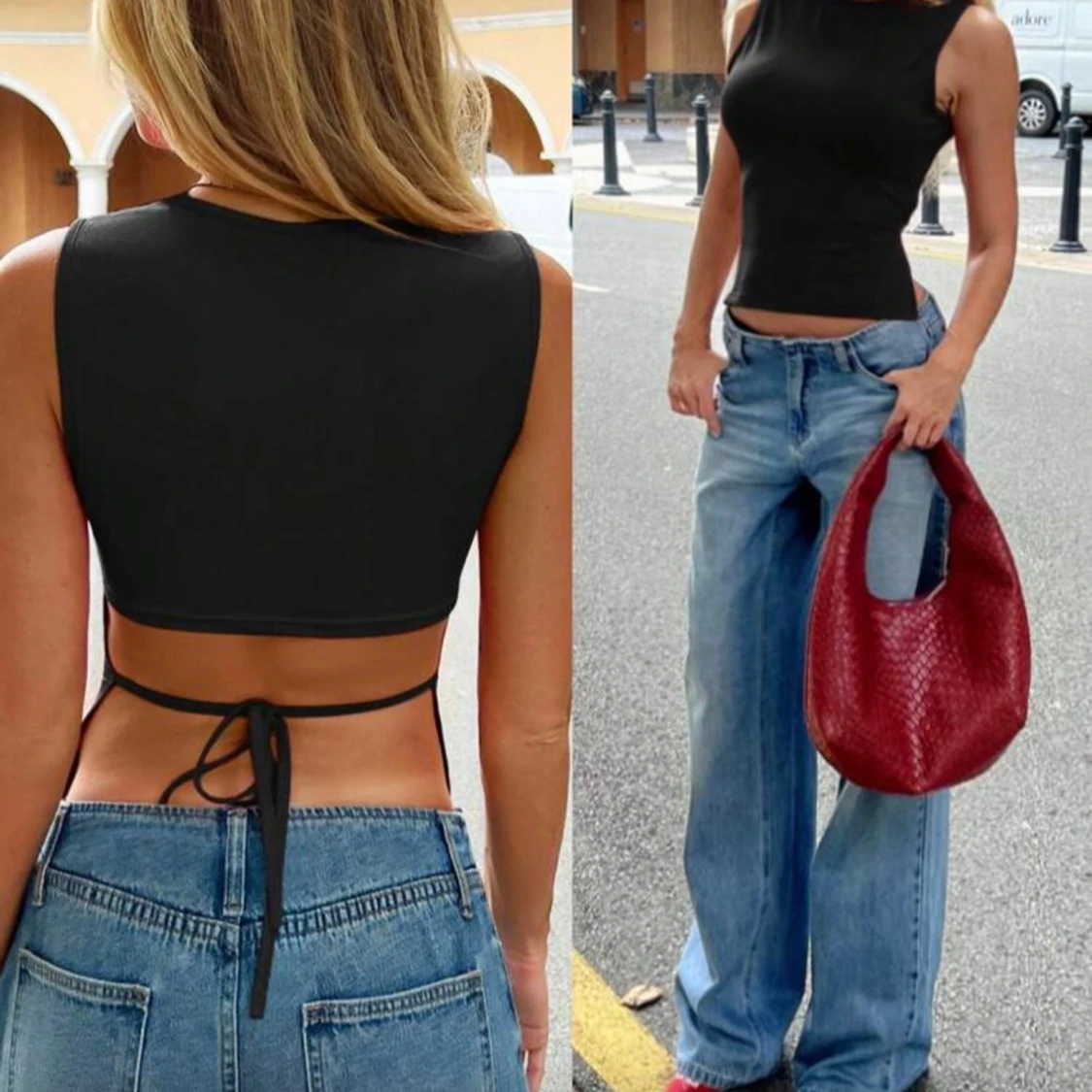 Svart croppad linnetopp med snörning